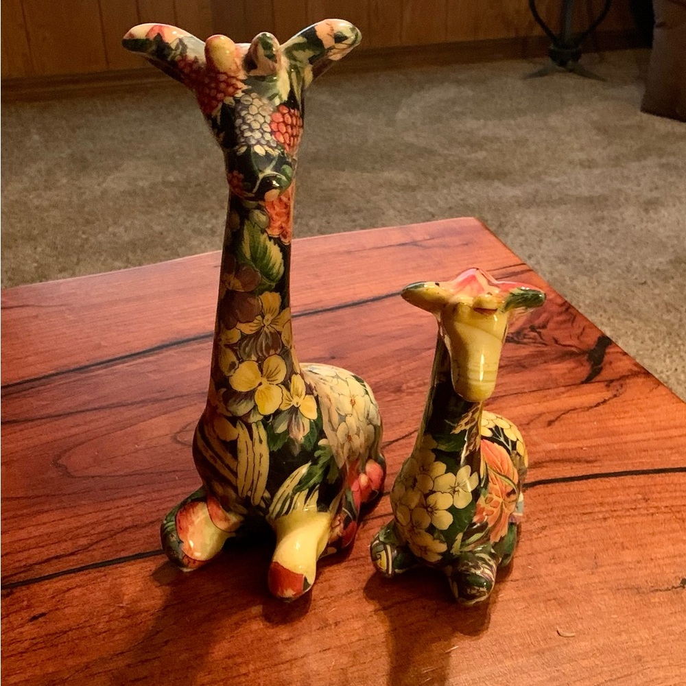 SET OF TWO ART DECO MULTI COLOR BRIGHT FLORAL MOTHER GIRAFFE AND BABY